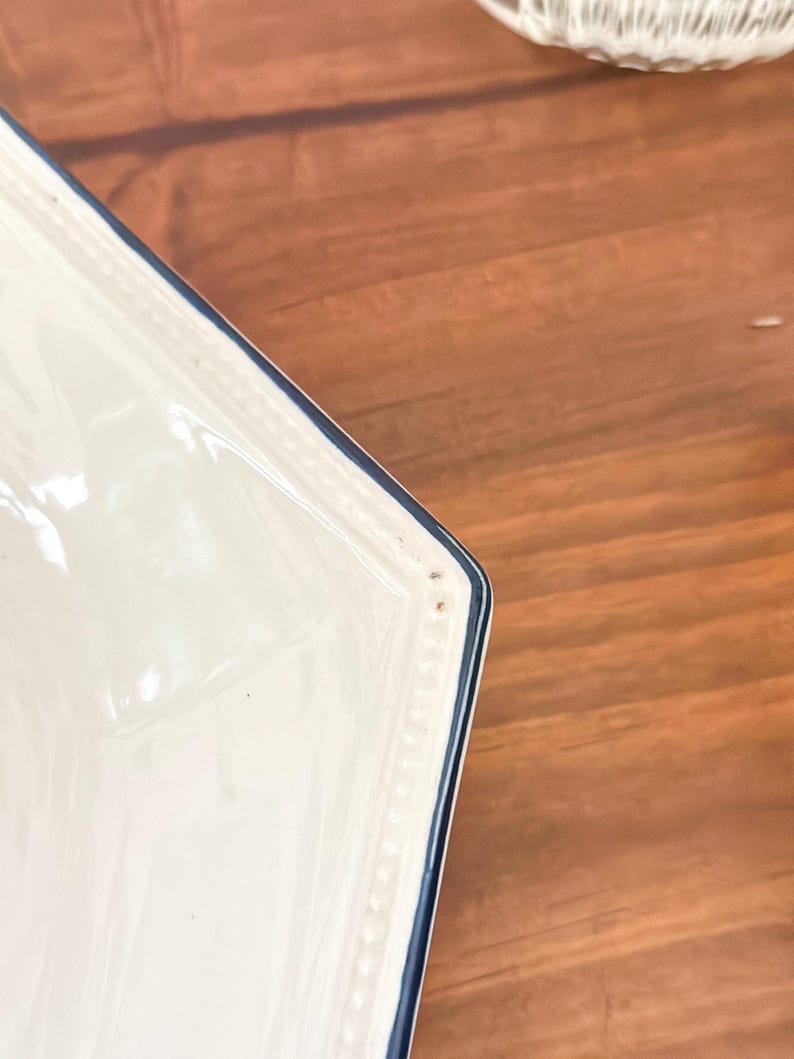 Pu&ograve; includere: Una ciotola in ceramica color crema con forma esagonale e un bordo blu scuro. Il bordo della ciotola presenta un dettaglio a perline in rilievo lungo la cornice. La superficie della ceramica &egrave; liscia e lucida, con una finitura bianco sporco.