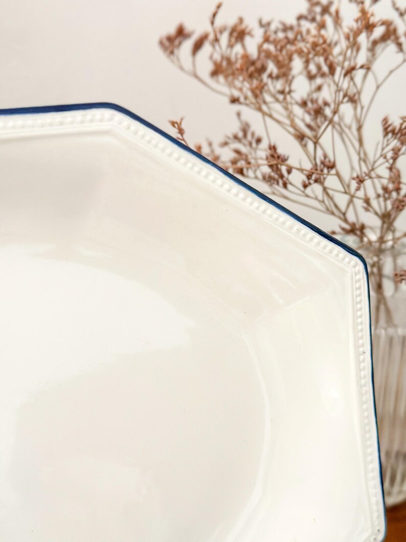 Pu&ograve; includere: Una ciotola in ceramica bianca di forma esagonale con un bordo blu scuro. Il bordo della ciotola presenta un dettaglio testurizzato a perline in rilievo che corre lungo tutto il perimetro, aggiungendo un sottile elemento decorativo alla superficie liscia e lucida.