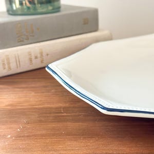 Pu&ograve; includere: Un piatto da portata in ceramica bianca di forma ottagonale, caratterizzato da un sottile bordo blu navy e una delicata trama a perline lungo il perimetro. Il piatto presenta una finitura liscia e lucida, inclinato per mostrarne la forma.