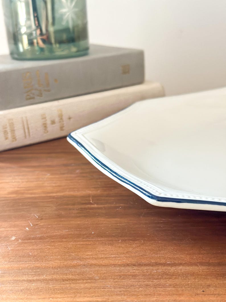 Pu&ograve; includere: Un piatto da portata in ceramica bianca di forma ottagonale, caratterizzato da un sottile bordo blu navy e una delicata trama a perline lungo il perimetro. Il piatto presenta una finitura liscia e lucida, inclinato per mostrarne la forma.
