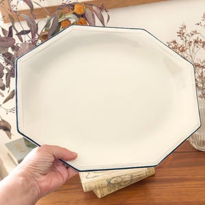 Pu&ograve; includere: Un piatto da portata ottagonale in ceramica bianca con una finitura liscia e lucida e un bordo sottile blu scuro. Il bordo del piatto &egrave; dettagliato con una sottile trama a perline in rilievo che segue la forma geometrica del perimetro.