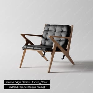 May include: A black leather armchair with a wood frame. The chair has a geometric design and a tufted seat. The chair is on a white background. Prime Edge Series: Evoke_Chair CNC Cut Files Not Physical Product