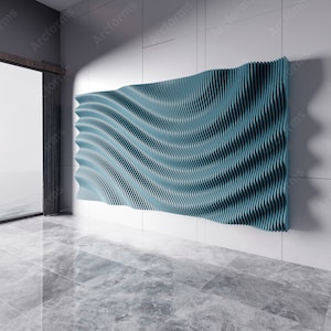 May include: A teal blue wave-shaped wall panel with a 3D design. The panel is mounted on a white wall in a modern room with a large window and a tiled floor.