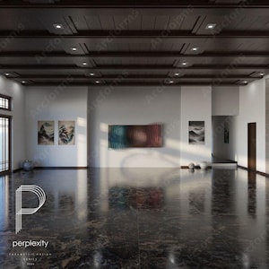 Puede incluir: Representación de diseño de interiores de una galería de arte moderna. El espacio presenta un suelo oscuro y pulido, paredes blancas y un techo de madera oscura con iluminación empotrada. Las obras de arte incluyen pinturas de paisajes y una escultura mural geométrica. La galería tiene una estética minimalista.