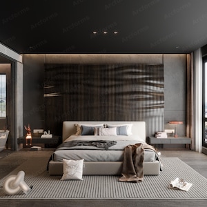 May include: A modern bedroom with a gray and white bed, a gray rug, and a gray wall with a wood panel accent. The room has a large window with a view of the city.