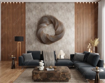 May include: A modern living room with a sectional sofa in dark gray fabric, a wooden coffee table with a unique natural wood grain pattern, and a large geometric wall sculpture. The room features wood paneling and a neutral color palette.
