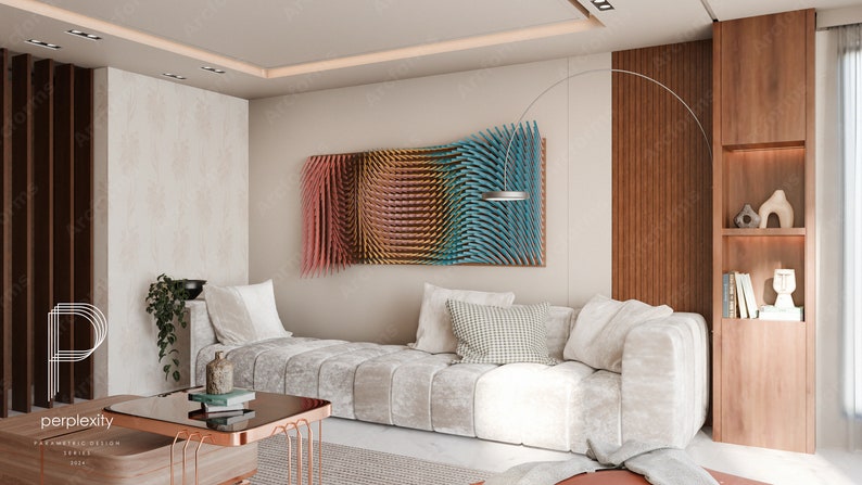 Puede incluir: Un sof&aacute; blanco con almohadas en una sala de estar con una obra de arte de pared abstracta colorida, una estanter&iacute;a de madera con objetos decorativos y una mesa de caf&eacute; con libros y una tapa de vidrio.