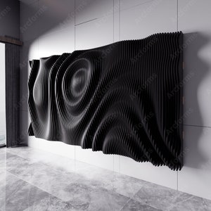 May include: A black, three-dimensional wall panel with a wavy, organic design. The panel is made of thin, layered strips of wood that create a flowing, abstract pattern.
