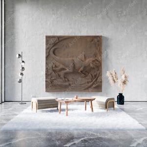 May include: A white fluffy rug with two wooden benches and a wooden coffee table in a modern living room with a large wooden wall sculpture and a tall silver floor lamp.