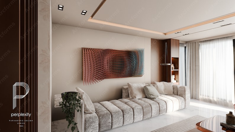 Puede incluir: Un interior de sala de estar moderno con un sof&aacute; blanco, una estanter&iacute;a de madera y una gran obra de arte de pared abstracta con formas geom&eacute;tricas rosas y azules. La habitaci&oacute;n tiene una ventana grande con cortinas blancas y un suelo de m&aacute;rmol blanco.