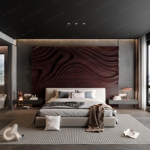Puede incluir: Un dormitorio moderno con una cama con ropa de cama gris y una manta marrón. Un panel de madera oscura texturizada está detrás de la cama. La habitación tiene una alfombra gris, mesitas de noche y una ventana con vistas.