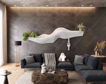 May include: A modern living room with a dark gray sectional sofa, a wooden coffee table, and a white, wavy wall shelf with plants. The room has a light wood floor and a gray concrete wall.
