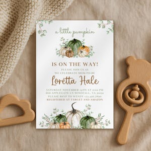 Convite para chá de bebê de outono | Modelo editável personalizado | Convite de nascimento de outono | Cartão de abóbora personalizável para impressão | Novembro/Outubro