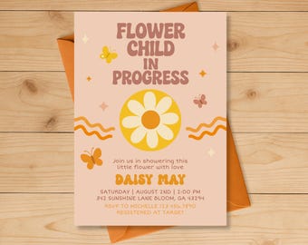 Boho Baby Shower Invitation • Editable Retro Daisy Flower Child Template • Printable Groovy Sunshine Baby Shower Invite for Girl Digital PDF