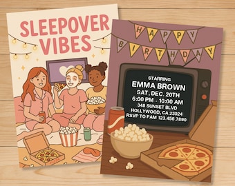 Sleepover Birthday Invitation • Editable Slumber Party Movie Night for Girls • Printable Pizza Popcorn Pajamas Theme • Instant Download PDF