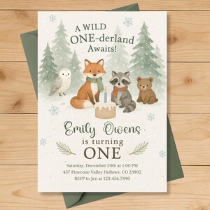 Winter Woodland Birthday Invitation • Wild ONE-derland Invite • Editable Forest Animal Template • 1st Birthday Printable for Girl Boy Winter