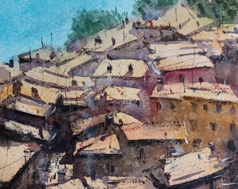 Roofs on Lake Como - Original Watercolor - artwork, art, painting, Como lake, Italy