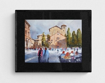 Piazza Santo Stefano in Bologna, aperitif time, original watercolor art print, Italy poster
