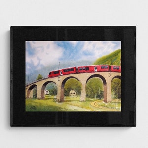 Bernina Roter Zug, Handgemaltes Aquarell, Original Kunst, St. Moritz, Engadin, Schweiz