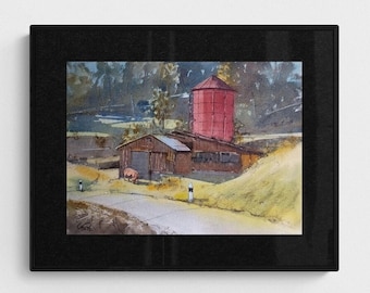 Swiss farm - original watercolor - artwork, art, painting, Italy