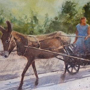 Oryginalna akwarela inspirowana starymi zdjęciami - Mule Cart - Dzieło sztuki, Sztuka, Malarstwo, Włochy