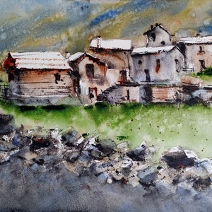 Baite alpine - acquerello originale - artwork, arte, pittura, Italy