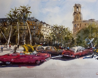 Old cars in Havana - urban scene, cityscape - Original watercolor painting, artwork / Original watercolor - Cuba