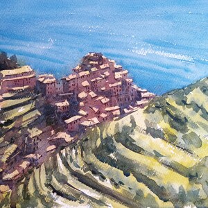 Tra colline e mare, Manarola, 5 terre - acquerello originale dipinto a mano - artwork, arte, pittura