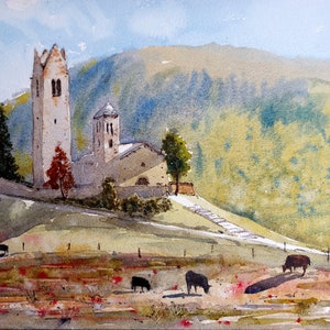 Chiesa di San Gian a Celerina, Switzerland, Swiss, Svizzera, watercolor art print, stampa acquarello