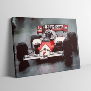 May include: A red, white and blue Formula 1 racing car with the word "Marlboro" on the side. The car is in motion and the driver is wearing a helmet. The car is on a track with a grey background.