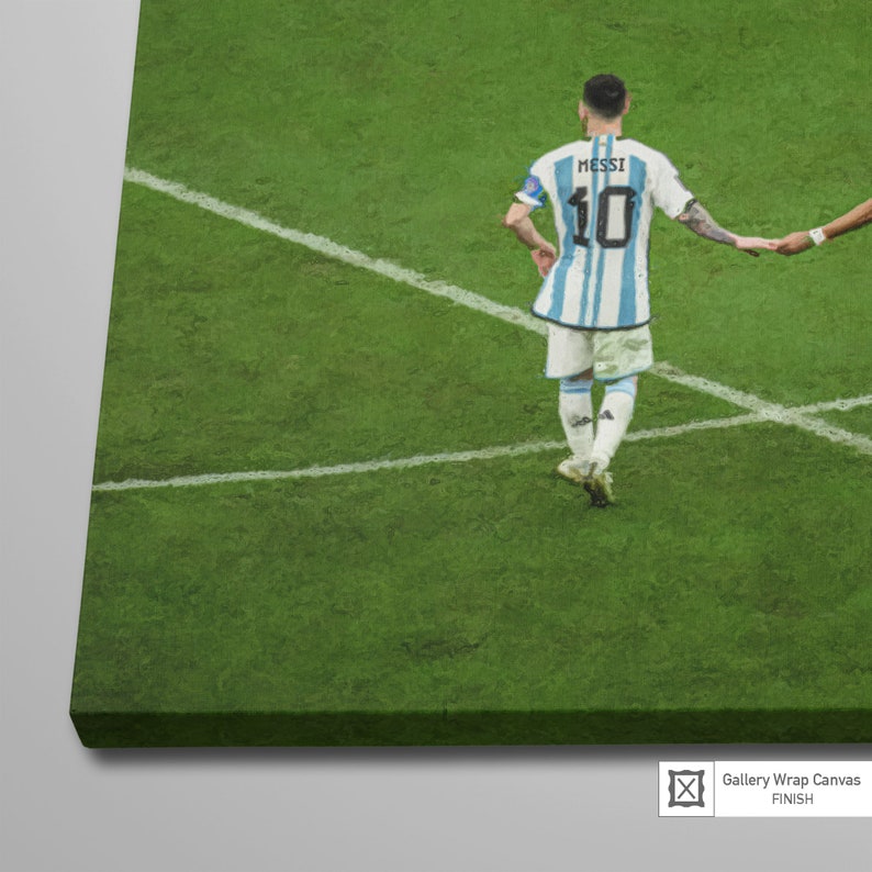 May include: A soccer player wearing a light blue and white jersey with the number 10 and the name "MESSI" on the back. The player is standing on a green field with white lines.