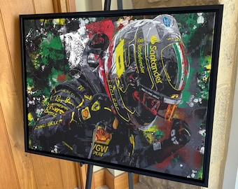 May include: A colorful abstract painting of a race car driver wearing a helmet with the words "Santander" and "Bitdefender" on it. The painting is done in a style that resembles a splash of paint.