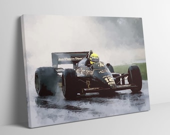 Puede incluir: Una pintura de acuarela de un coche de carreras de Fórmula 1 negro y dorado con un piloto con casco amarillo. El coche está en una pista de carreras con un fondo borroso. El texto "John Player Special" es visible en el lateral del coche.