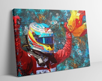 May include: A colorful abstract painting of a race car driver wearing a blue, yellow, and red helmet with the words "Santander" and "Hublot" on it. The driver is raising both arms in the air, and the background is a blue and green abstract design.
