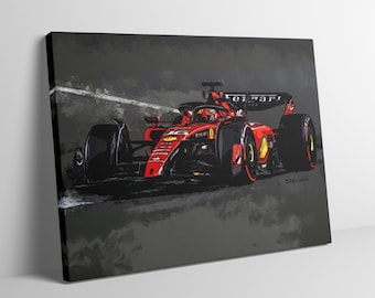 May include: A red and black Formula 1 race car with the word "Ferrari" on the side, driving on a gray track. The car is in motion and the background is blurred.