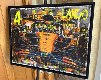 May include: A black and yellow abstract art print of a Formula 1 race car with the number 4 and the name Lando on it.