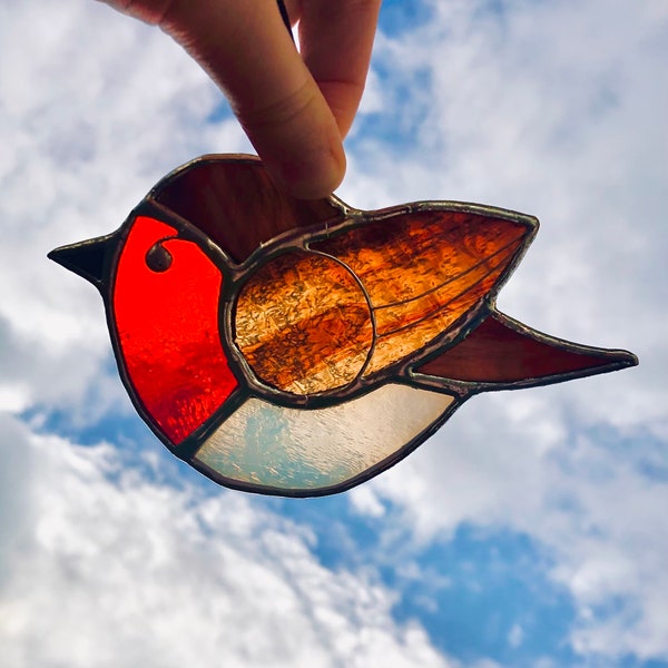 Red throat in stained glass, glass bird to hang, gift idea