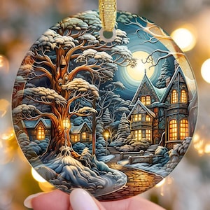 Vintage Night Village Glass Christmas Ornament Gift, Retro Xmas Tree Heirloom Keepsake Bauble Present, Holiday Decoration Gift Idea