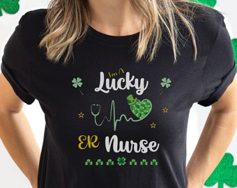 St Patty’s Day Lucky Emergency Room Woman’s Nurse T Shirt, Irish Nurse Gift, Shamrock Tee, Irish Clover Shirt, Lucky Patrick’s Day Tee Shirt