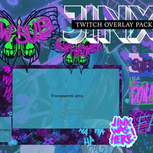 May include: A Twitch overlay pack with a graffiti art style. The design features the word "Jinx" in white, along with "Twitch Overlay Pack". Includes "New Sub" and "New Follower" text, plus "Schedule", "Donate", and "FAQ" buttons.