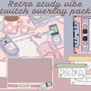 Puede incluir: Ilustración digital de un paquete de superposición de Twitch de temática retro. El diseño incluye una cinta de cassette rosa, una taza de café, un teléfono móvil y notas manuscritas. El texto incluye "Retro study vibe twitch overlay pack", "BE RIGHT BACK", "NEW FOLLOWER", "DISCORD", "OUT" y "RULES".