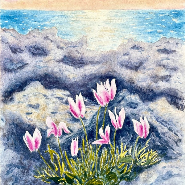 Sunset and flowers by the sea – colorful landscape. Watercolor painting "Winter in Cyprus, Paphos". Original aquarelle hand painted art.