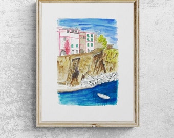 Paysage urbain à l'aquarelle "Vieilles maisons sur la côte lugure, Italie". Oeuvre originale peinte à la main sur papier aquarelle. Art mural de décoration intérieure.