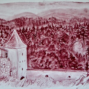 Dipinto ad acquerello "Transilvania", Romania. Paesaggio mistico in rosso. Opere d'arte uniche dipinte a mano su carta acquerello. Arte della parete interna.