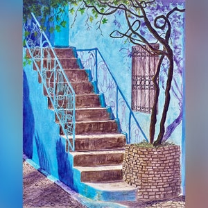 Chefchaouen Morocco Painting: Original Acrylic Art, Blue City Wall Decor