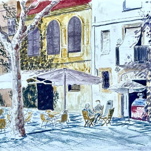 Arte dei caffè di strada – Dipinto ad acquerello spagnolo di Tarragona. Opera d'arte unica dipinta a mano su carta acquerello. Arte della parete interna. Schizzo urbano.