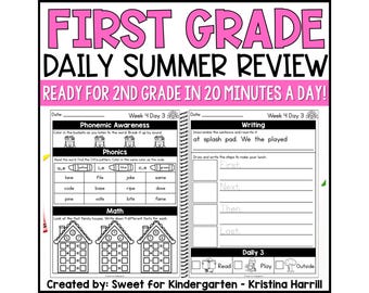 1st Grade Summer Learning Review Packet: Daily Math, Phonics, Writing with 8 Weeks of Practice (PDF Download)