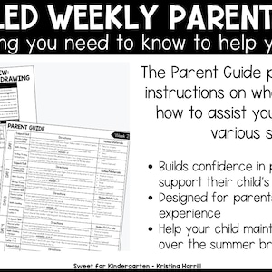 May include: A Detailed Weekly Parent Guide with the text "everything you need to know to help your child." The guide includes Pre-K summer review pages for tracing, handwriting, and drawing. It also provides instructions and support for parents.