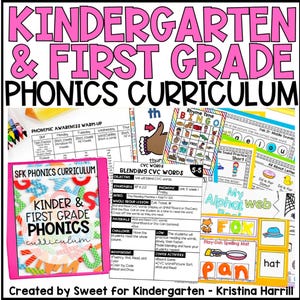 May include: A collection of educational materials for kindergarten and first grade phonics. The materials include worksheets, games, and curriculum guides with titles like "Blending CVC Words" and "Rhyme Time Bingo". The text includes "Kindergarten & First Grade Phonics Curriculum".