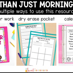 Pode incluir: Uma pasta rosa com a inscri&ccedil;&atilde;o "EARLY FINISHER BINDER" e uma ilustra&ccedil;&atilde;o de desenho animado. A imagem tamb&eacute;m mostra folhas de trabalho para ortografia, palavras de uso frequente e hora do calend&aacute;rio. O texto "MORE THAN JUST MORNING WORK" est&aacute; no topo.
